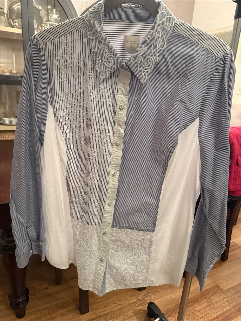 Chico's Blue and White Patchwork Button-Down Shirt with Embroidered Collar